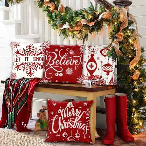YUJUN 4 Pack Christmas Pillow Covers Decoration,18x18in Buffalo Plaid Farmhouse Red Christmas Winter Throw Pillows Cushion Case Couch Decor for Christmas Home Outdoor Decorations
