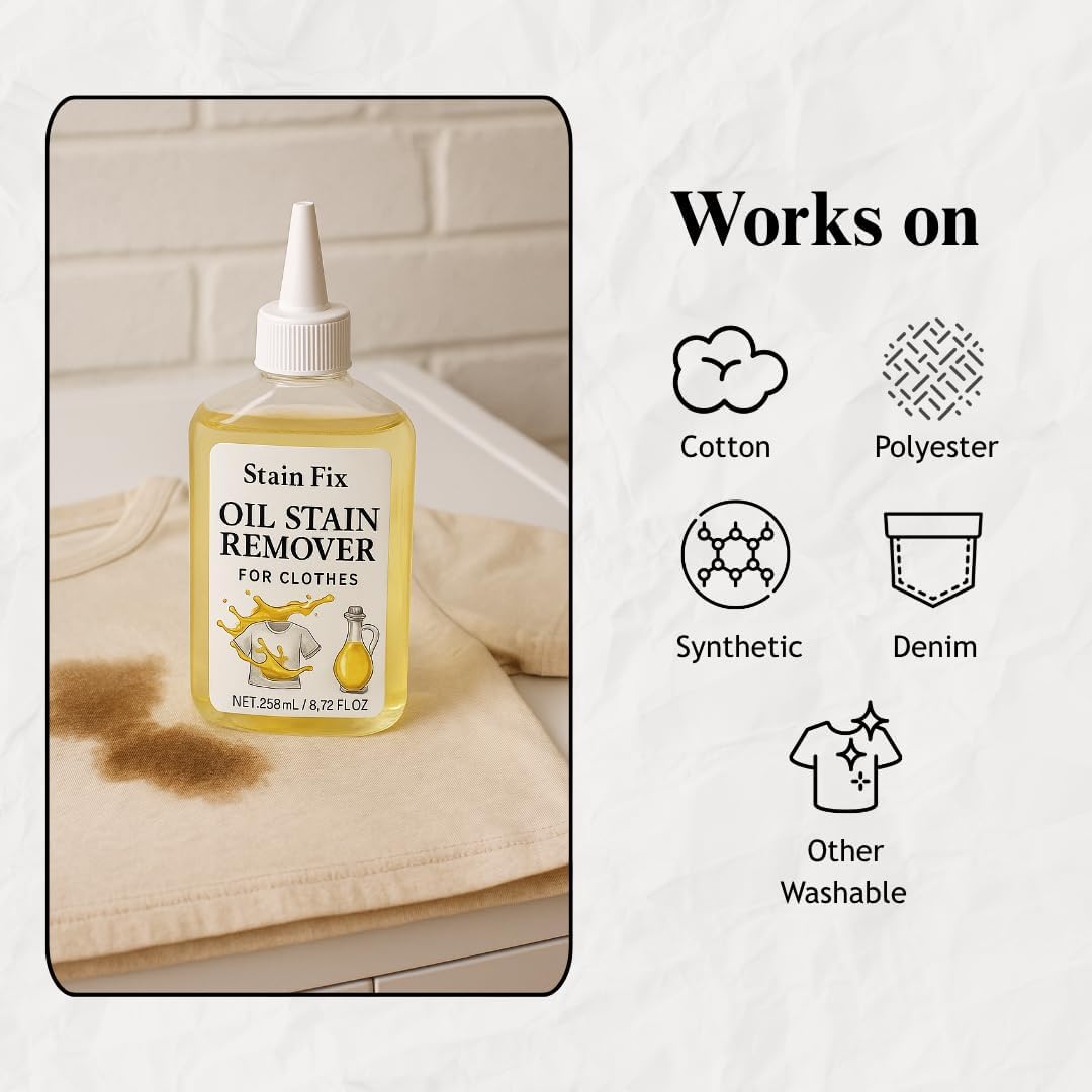 Oil Stain Remover by [Brand Name] - Effective Fabric Stain Solution for Cooking & Engine Grease | 8.72oz
