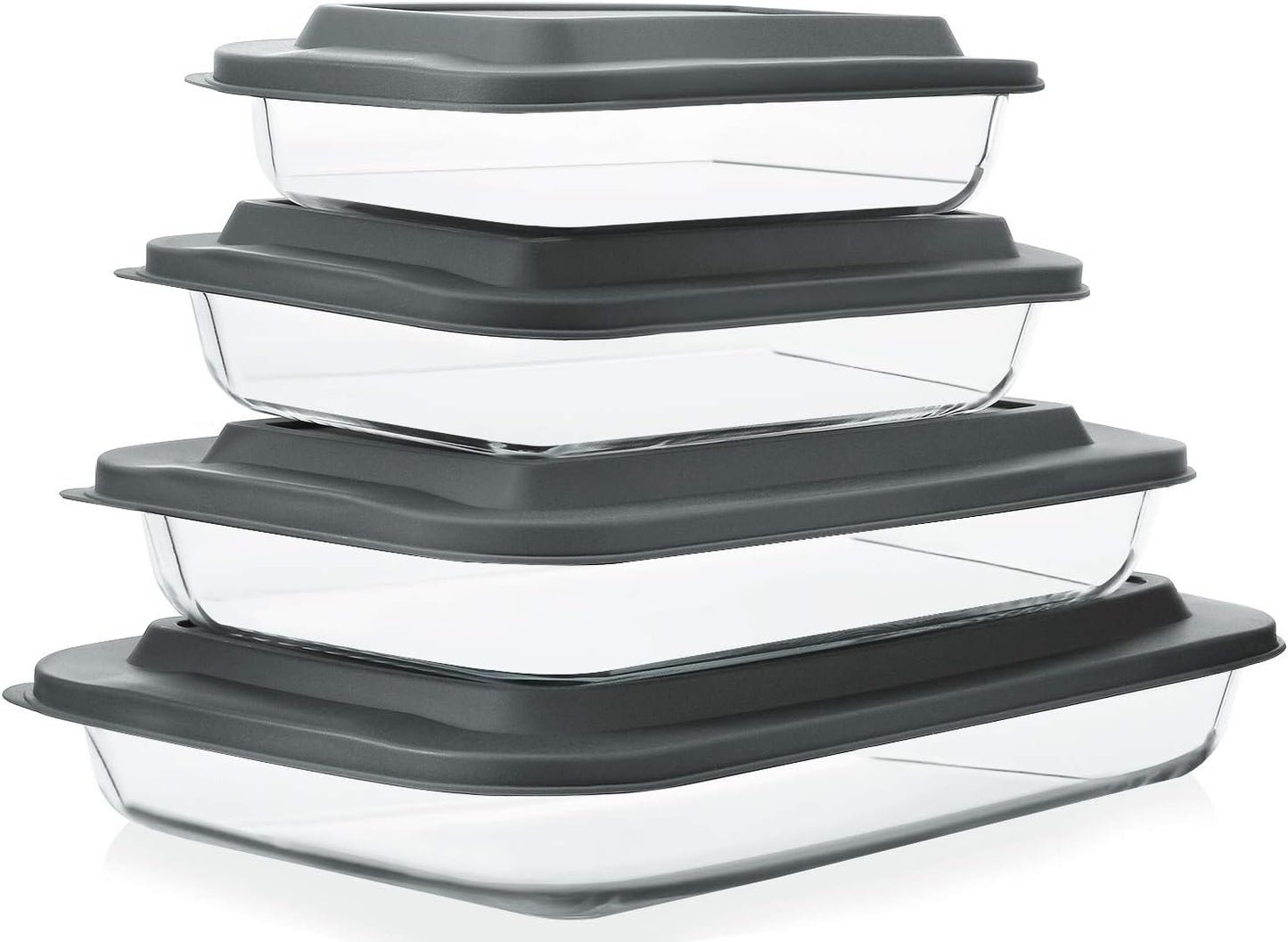 Skiennix 8-Piece Deep Glass Baking Dish Set - Rectangular Bakeware with Lids for Lasagna & Leftovers | Gray