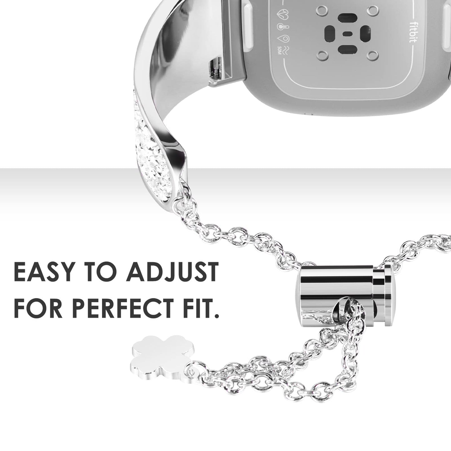 NewWays Compatible with Fitbit Versa 3/ Fitbit Versa 4 Band for Women, Crystal Bling Jewllery Bangle Compatible for Fitbit Versa 3 4 Sense Sense 2, with Stopper Toggle Closure, Silver