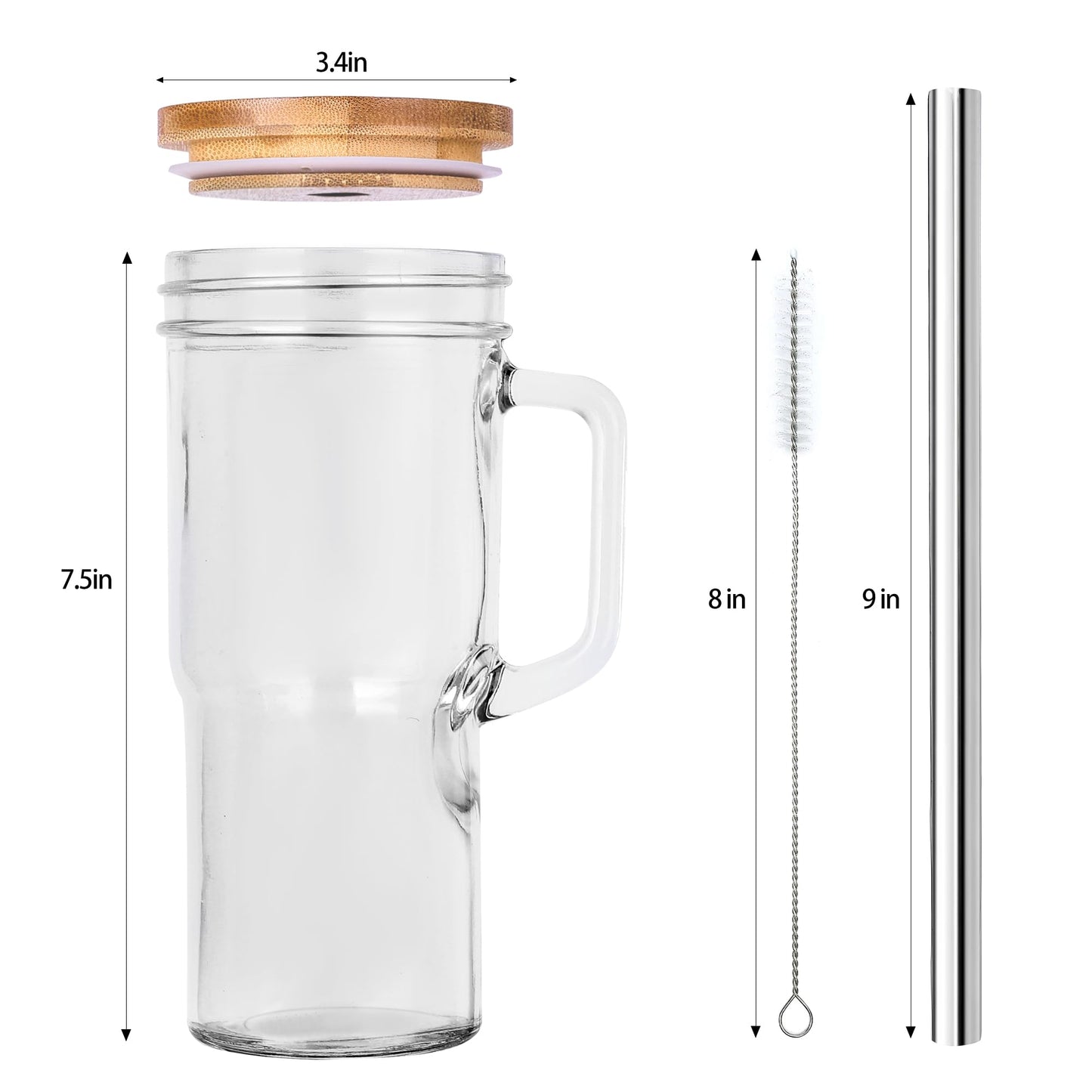 24oz Glass Cups with Lids and Straws - Glass Tumbler cup with bamboo lids and straw iced coffee cup