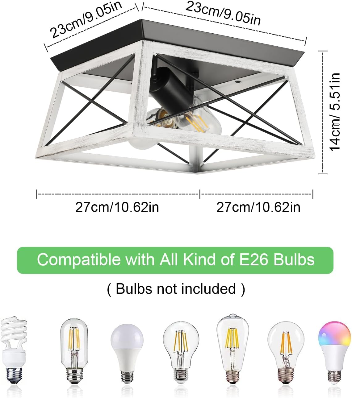 Farmhouse Flush Mount Ceiling Light Oak White Ceiling Light Fixtures 2-Light Industrial Vintage Metal-Framed Ceiling Lighting for Hallway Foyer Kitchen Dining Room Bedroom Living Room Laundry