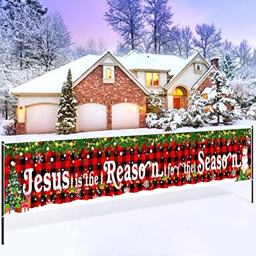Large Jesus is The Reason for The Season Decorations Banner Holy Nativity Christmas Yard Banner Red Buffalo Plaid Religious Hanging Banner Backdrop for Xmas Winter Holiday Party Indoor Outdoor Decor