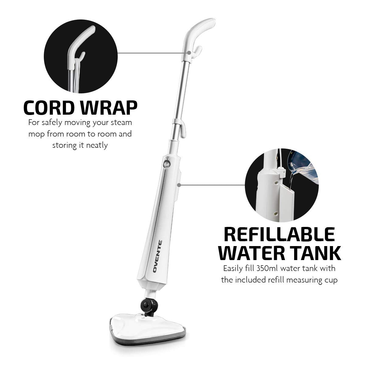 OVENTE Electric Steam Mop Cleaner, 1300W Floor Steamer with Swivel Head, Refillable Water Tank and Washable Microfiber Pad for Cleaning Carpet, Hardwood, Laminate Floor, Tiles and Grout, White ST405W