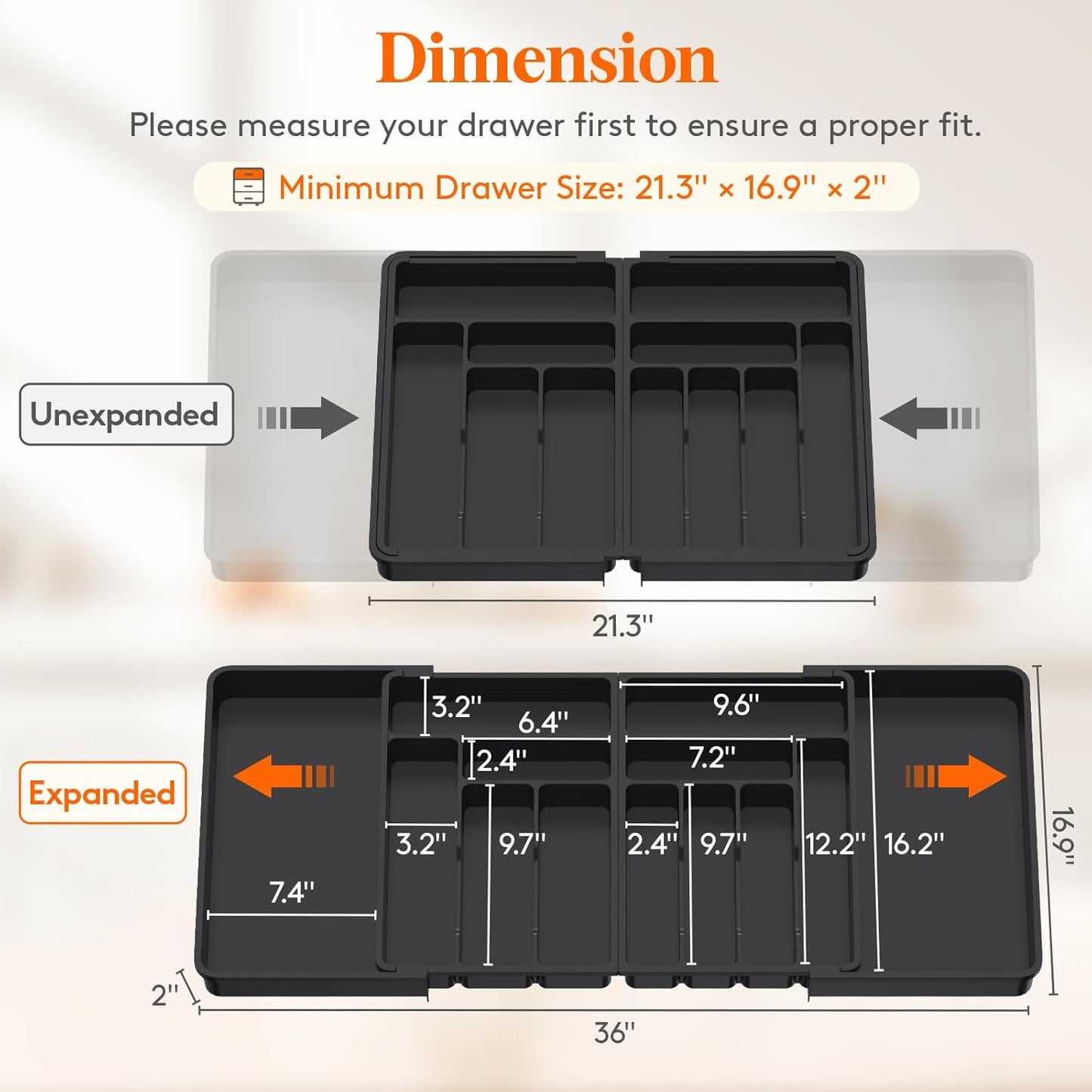Lifewit Expandable Silverware Drawer Organizer - BPA-Free Plastic Utensil Tray for Kitchen | Adjustable Cutlery Holder (21.3-36 x 16.9", Black)
