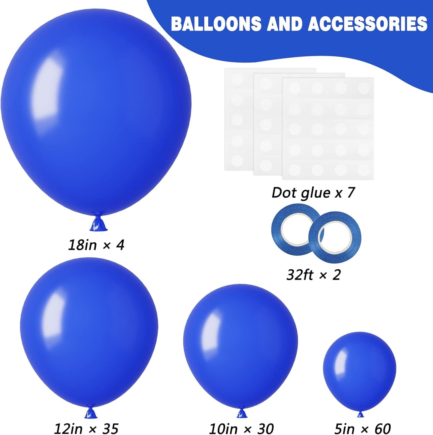 RUBFAC Royal Blue Balloon Arch Kit - 129-Piece Set with Various Sizes for Graduation, Birthday, and Baby Shower Decor