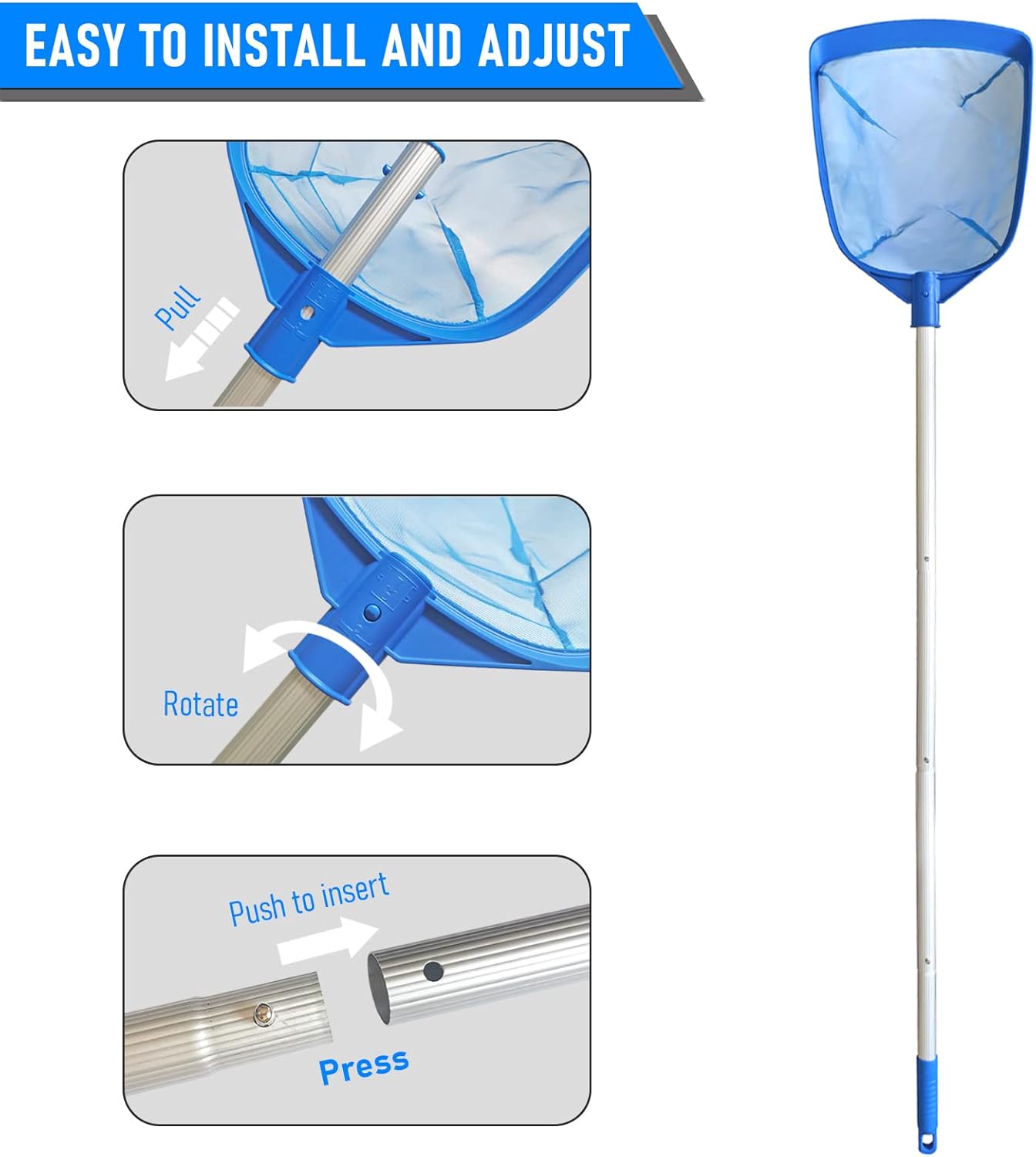 Poolvio Leaf Skimmer Net - Telescopic Aluminum Pole with Nylon Mesh for Easy Pool Cleaning
