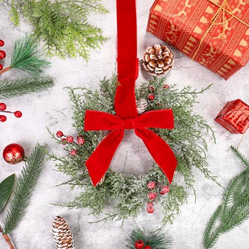 Aneco 6 Pcs Small Christmas Norfolk Wreaths with Red Velvet Bows - Holiday Door & Window Decor