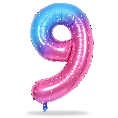 40 Inch Rainbow Gradient Balloon Number 9 Beige, Large Blue Pink Purple Foil Number Balloons Set 0-9, Starry Digital 9 Helium Balloons for Girls Women 9th Birthday Anniversary Party Decoration