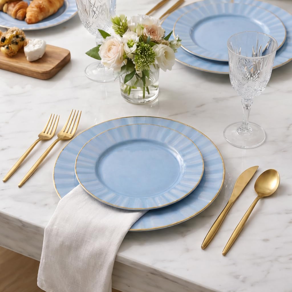 Lillian Tablesettings 32-Piece Blue Plastic Plates Set, 16×10" Dinner & 16×7" Salad Plates, Heavyweight Disposable Plates with Gold Rim, Elegant Petal Design Dinnerware