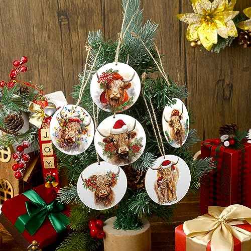 Suzile 24 Pcs Highland Cow Christmas Ornament Wooden Coo Highland Cow Hanging Sign for Christmas Tree Farm Animal Themed Christmas Ornament with Ropes for Cow Lover Farm Xmas Party Decor (Cute)