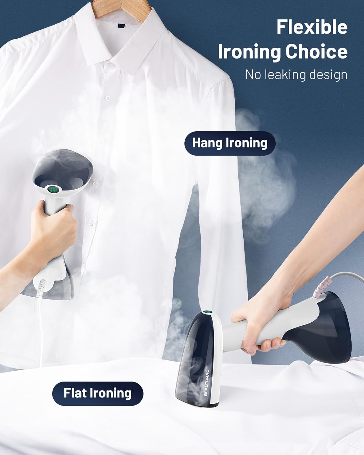 Beautural Portable Handheld Clothes Steamer - Fast 35-Second Heat-Up, Large Water Tank, Blue