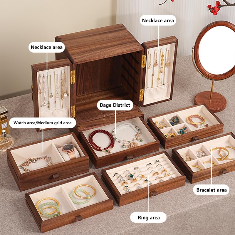 KAOTGOT 4 Leaf Clover Rotatable Drawer Wooden Jewelry Box for Women & Girls