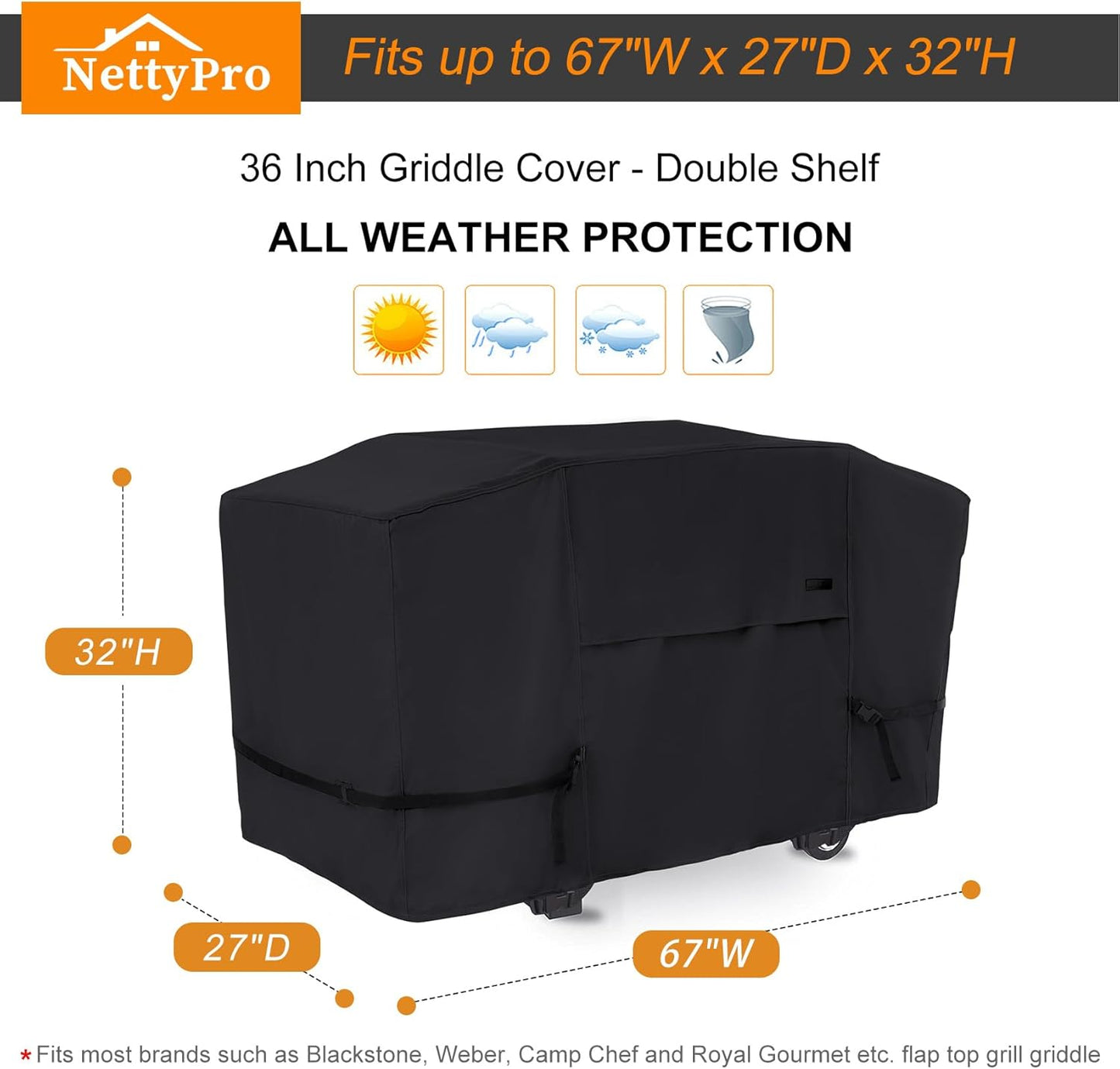 NettyPro Griddle Cover - Waterproof UV Resistant for 36-Inch Blackstone Griddle | 4 Burner Flat Top Grill, Black