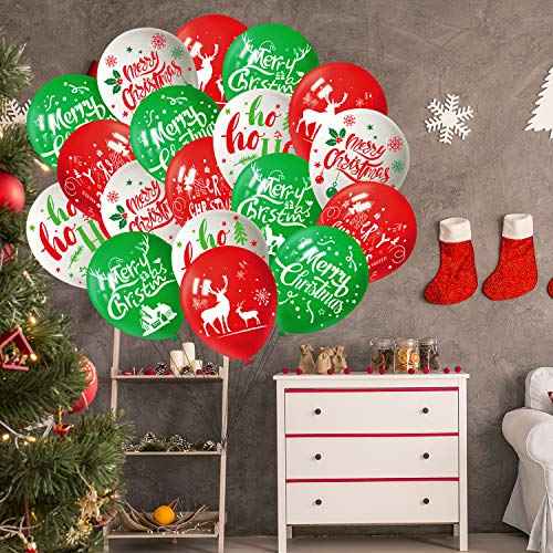 FEPITO 50Pcs Christmas Party Balloon 12 Inch White Red and Green Latex Balloons, 6 Merry Xmas Style for Decoration Party Supplies