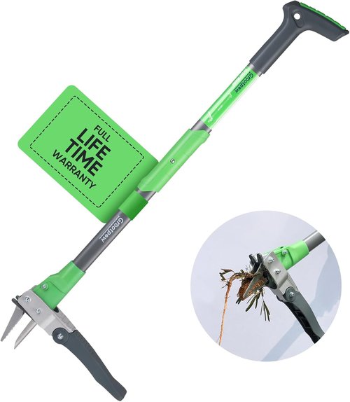 Grootpow Heavy Duty Weed Puller Tool - Stand Up Dandelion Weeder with 40" Handle & 3 Claws