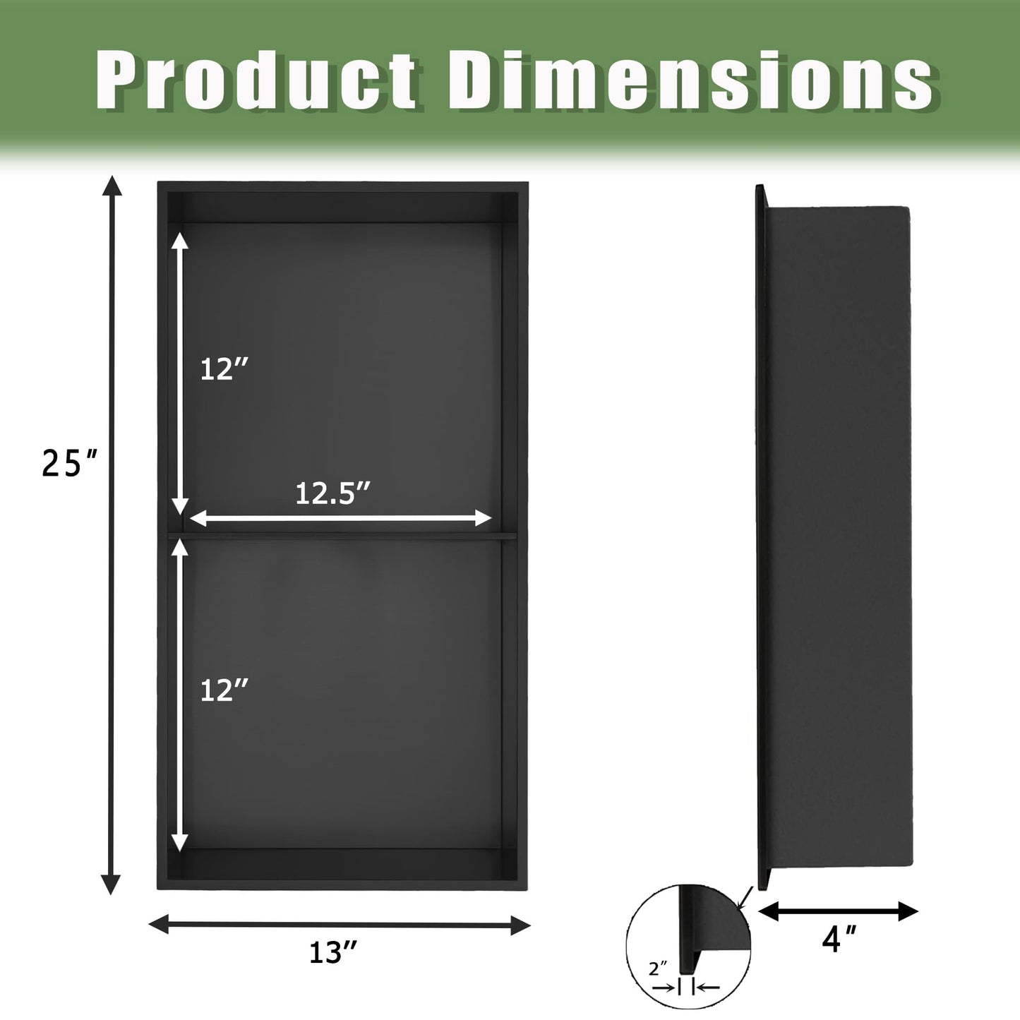 HOTIS 12"×24" Black Double Selves Shower Niche, Stainless Steel Recessed Bathroom Niche, No Tile Needed Bathroom Wall Niche, Waterproof Recessed Wall Mounted Insert Storage Caddy, Matte Black