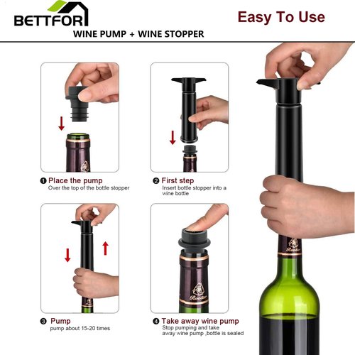 BETTFOR Wine Saver Pump with 4 Vacuum Wine Stoppers, Wine Bottle Stoppers with Food Grade Silicone Leak proof Keep Fresh Suitable for All Standard Wine Bottles