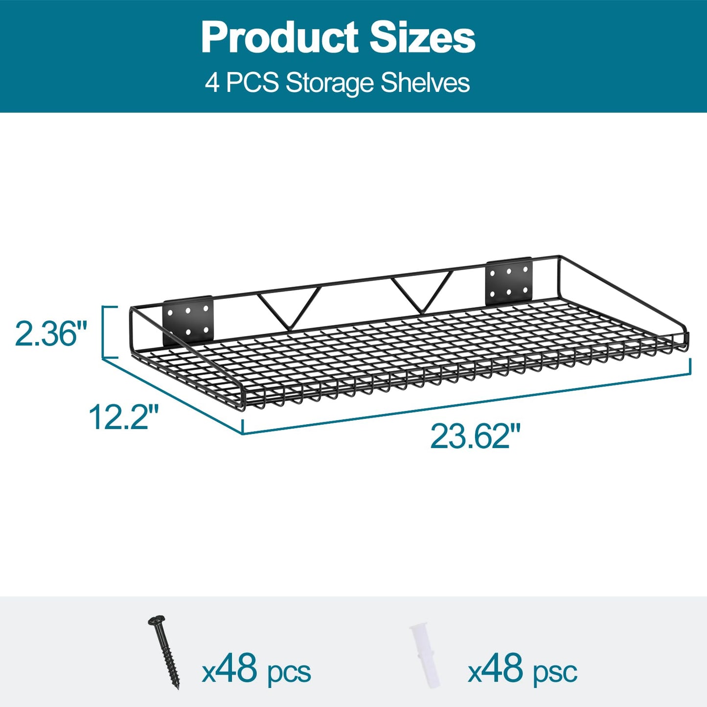 Daanxw Garage Wall Shelving,4-Pack 12 Inch X 23.8 Inch,Can be Used for Garage, Closet, Laundry Room, Heavy Duty Wall Shelving, Holds Up to 65 Lbs (Black, 12"X23.8", 4)