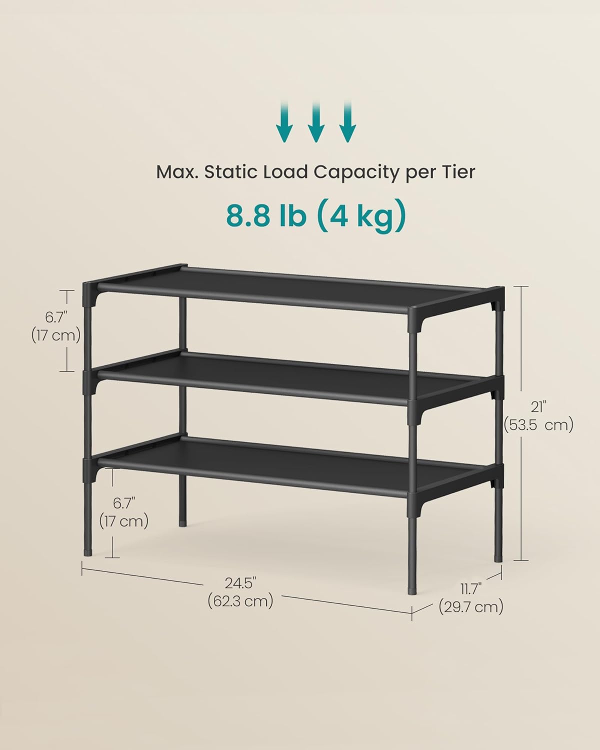SONGMICS Shoe Rack - 3-Tier Space-Saving Organizer for Entryway - Ink Black, 11.7 x 24.5 x 21 Inches