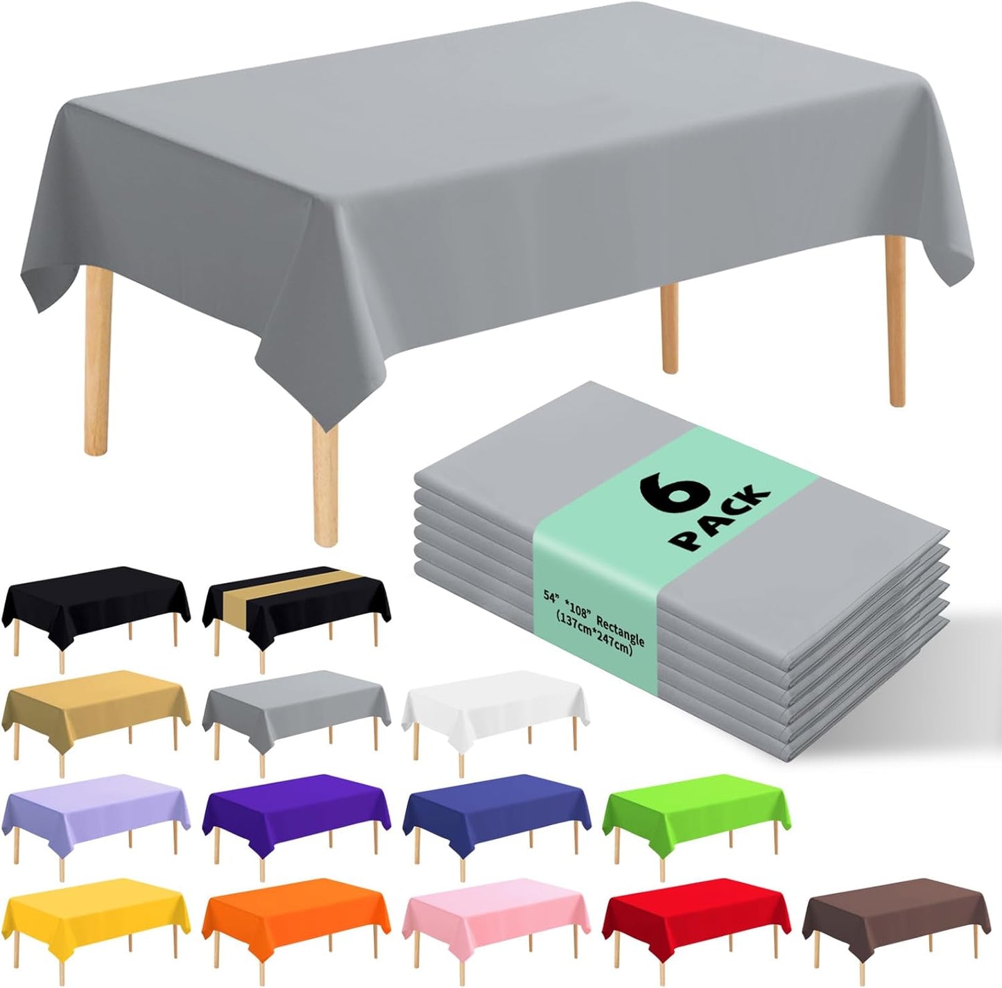 Premium Disposable Plastic Tablecloths by [Brand Name] - 6 Pack, 54" x 108" for Parties & Events | Silver Grey