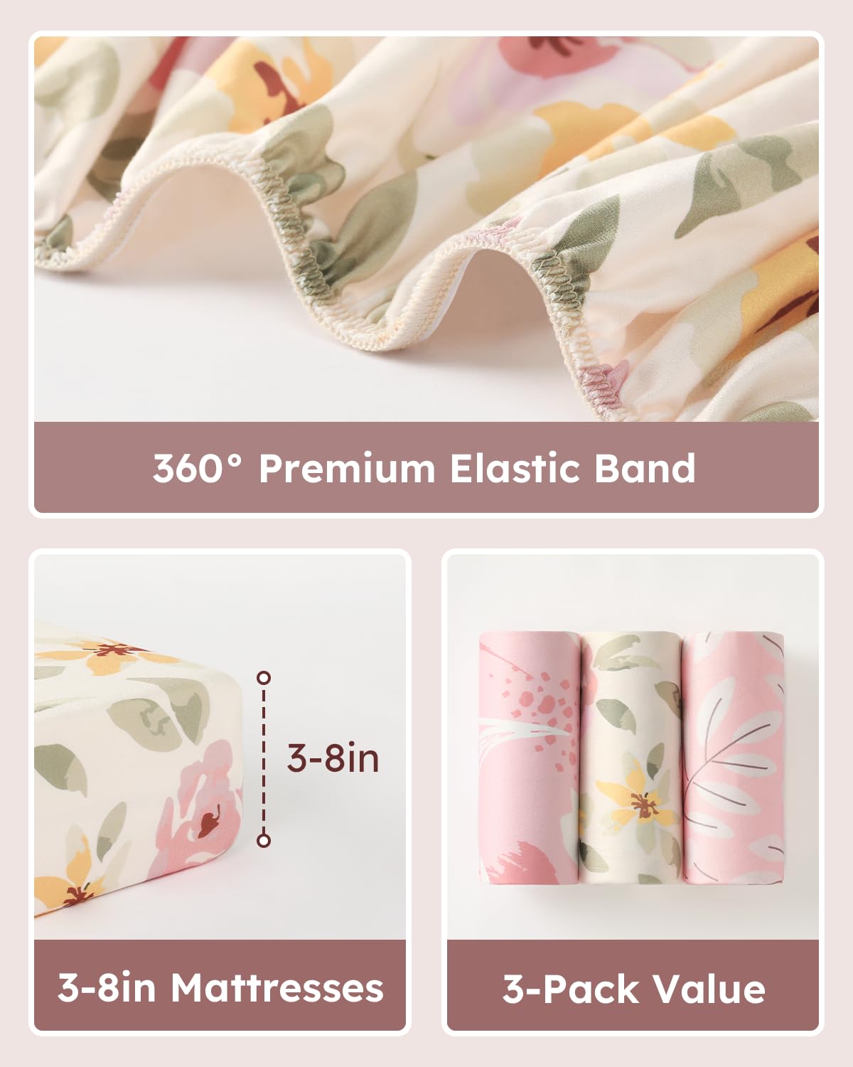 Unnivoll Fitted Baby Crib Sheets - Soft Microfiber 3-Pack for Standard Crib & Toddler Mattress | Pink Floral Design, 28x52x8in