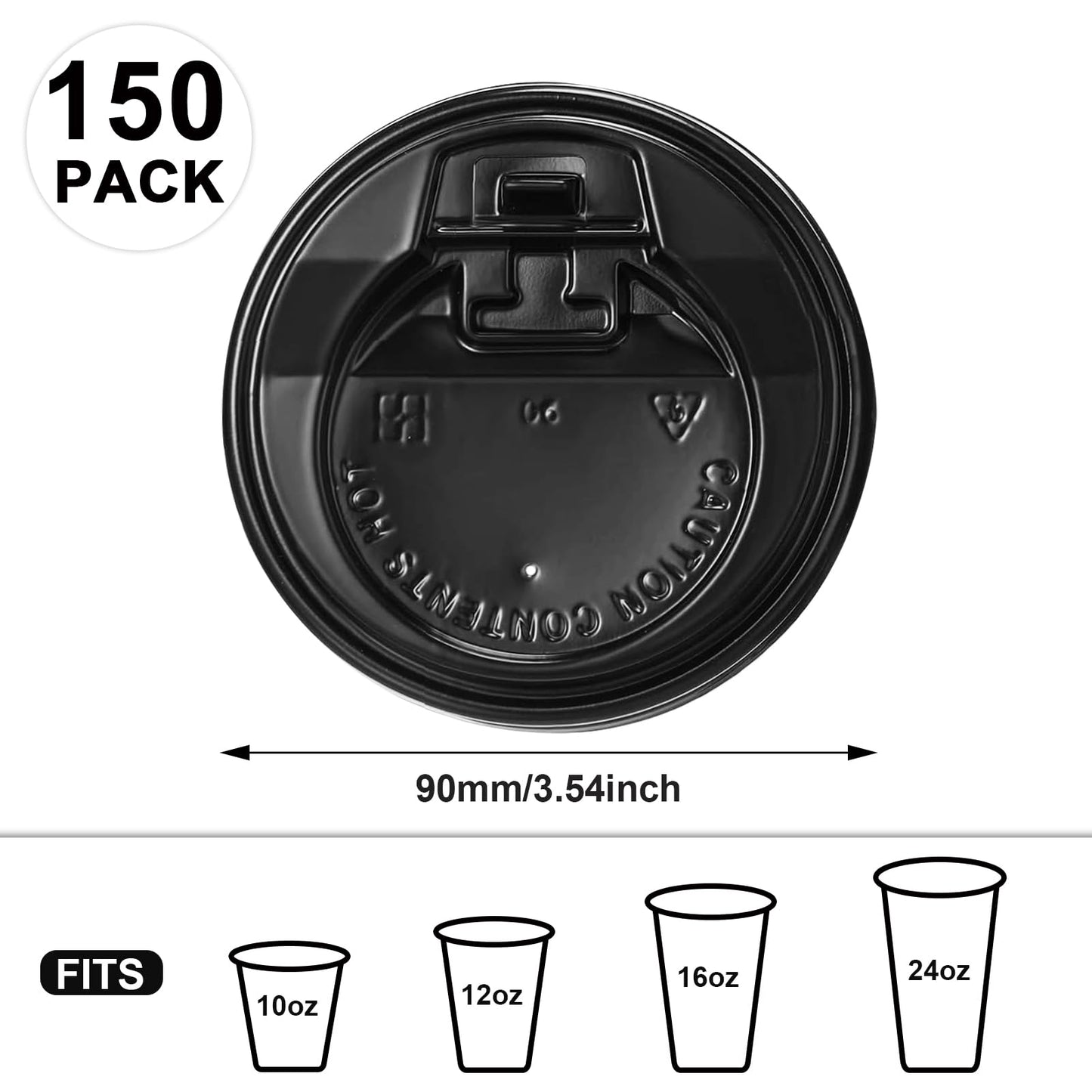 SIUQ 150 Pack Coffee Cup lids, Disposable Plastic Cup Lids for 10, 12, 16, 20, 24 oz Paper Cups, Hot/Cold Drinking Cup Lids, 3.54 Inches/90 mm Diameter - Black