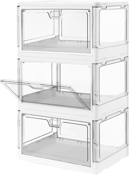 HYBRIDEAS Clear Stackable Storage Bins - 3-Pack with Lids & Magnetic Doors | Large 24 QT Organizers for Bedrooms & Living Rooms