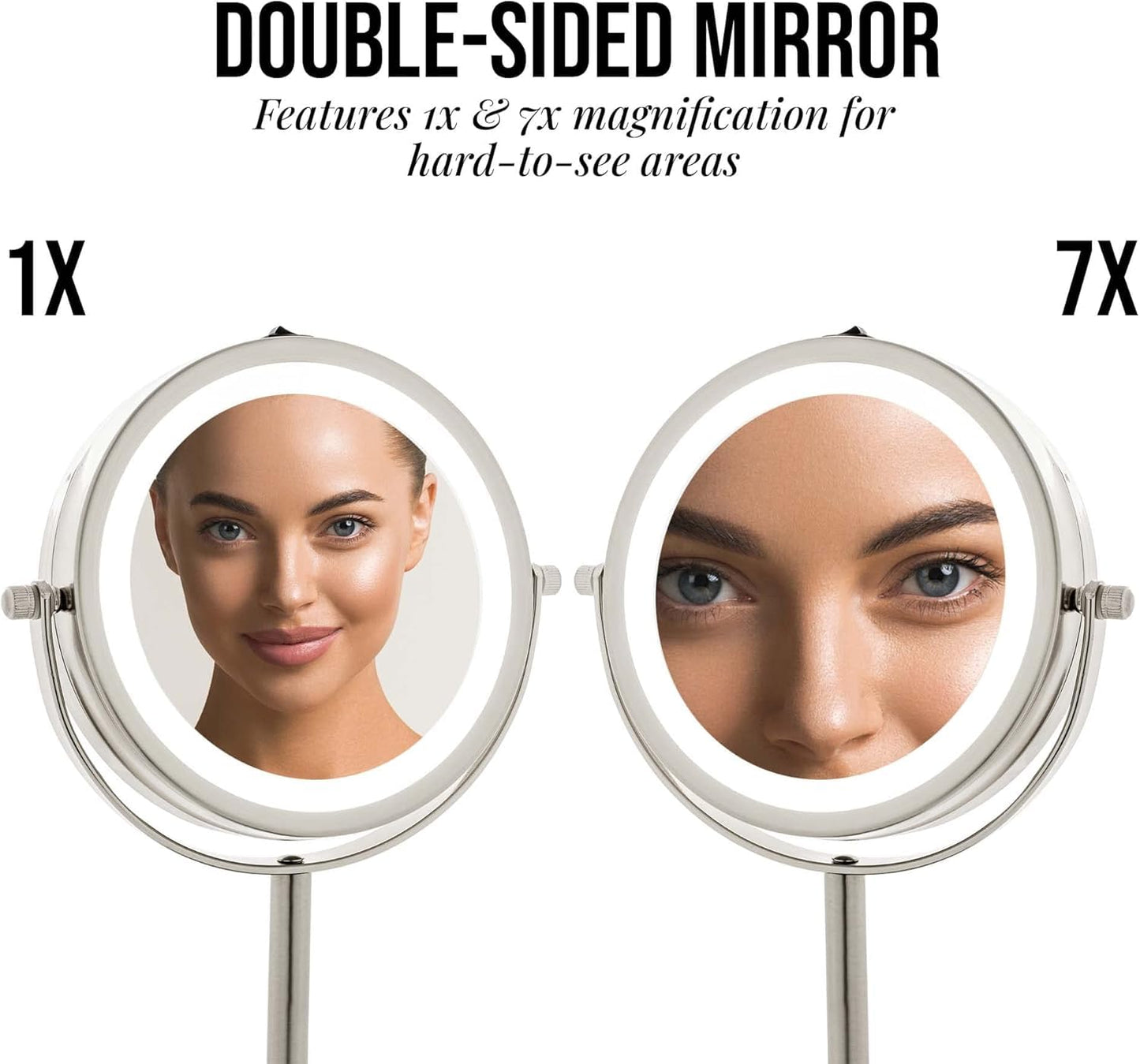 OVENTE 6" Lighted Makeup Mirror with 1X/7X Magnification, Cordless Tabletop Mount Vanity Round Mirror with 360° Swivel Design and Double Sided Cool Tone LED Ring Light, Nickel Brushed MLT60BR1X7X