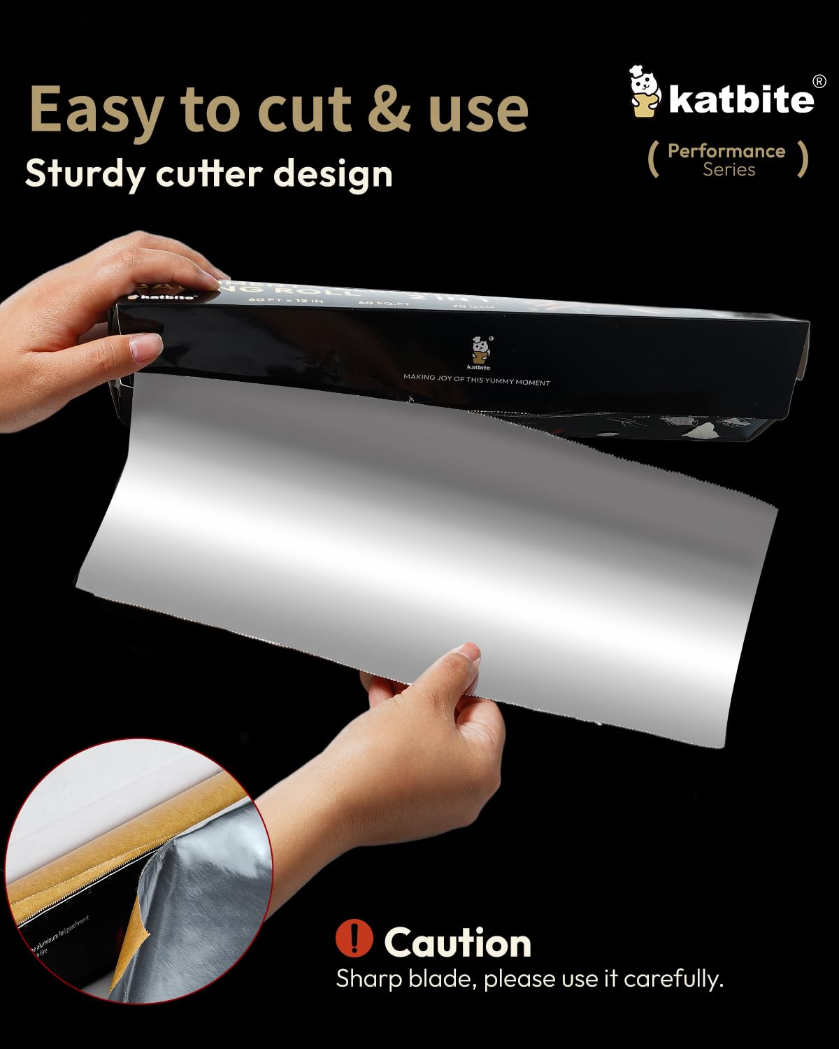 Katbite Aluminum Foil Roll - 12in x 60ft, 60 Sq.Ft, Heavy Duty Non-Stick Roll With Portable Cutter