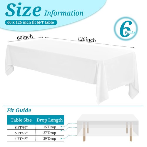 6 Pack Tablecloth 60 x 126 inch Polyester Table Cloth for 8 Foot Rectangle Tables,Stain and Wrinkle Resistant Washable Fabric Table Covers Polyester White Table Clothes for Wedding,Party,Banquet
