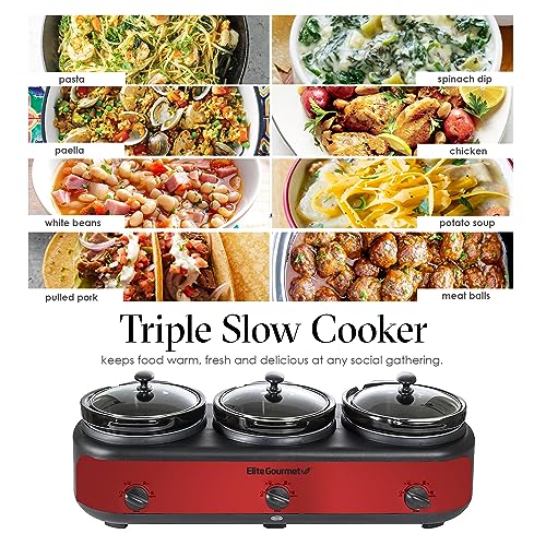 Elite Gourmet Triple Slow Cooker Buffet Server - 3 x 2.5 Qt, Red - Multi-Use Kitchen Appliance