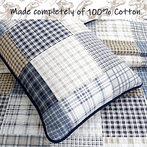 Queen Dinosaur Plaid Cotton Reversible Bedding Quilt Set for Kids Boy - Cozy Line Home Fashions