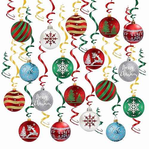 30 Pcs Pre-Strung Christmas Hanging Swirl Decorations, Christmas Ball Hanging Foil Streamer, Christmas Home Party Outdoor Indoor Decor Christmas Tree Snowflake Reindeer Ceiling Party Supplies
