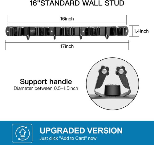 IMILLET Wall-Mounted Broom and Mop Holder - Heavy-Duty Stainless Steel Organizer with 5 Racks & 4 Hooks