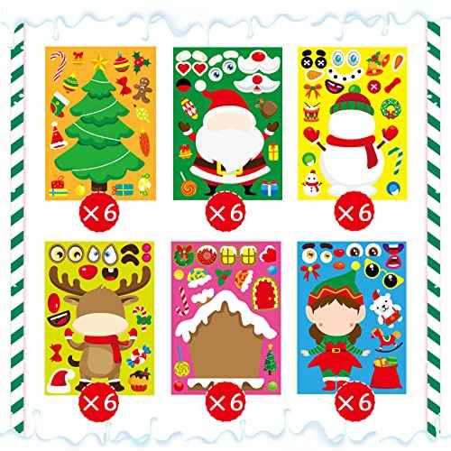 DUJAA 36 Sheets Christmas Party Games Stickers for Kids Make Your Own Sticker, Make a face Sticker with Santa Snowman Reindeer Elf for Kids Holiday Christmas Party Favors