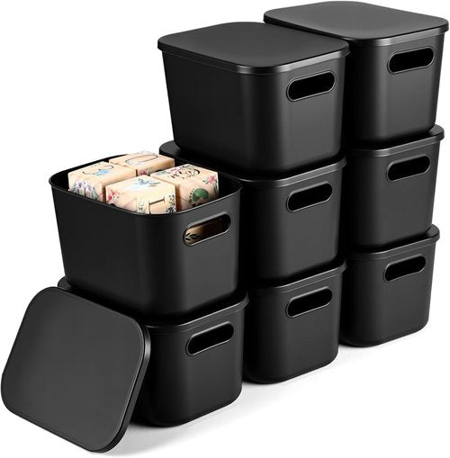 Hoolerry Colorful Storage Bins - 8-Piece Stackable Plastic Organizing Containers with Lids | Black (9.8 x 7.1 x 6.3 Inch)