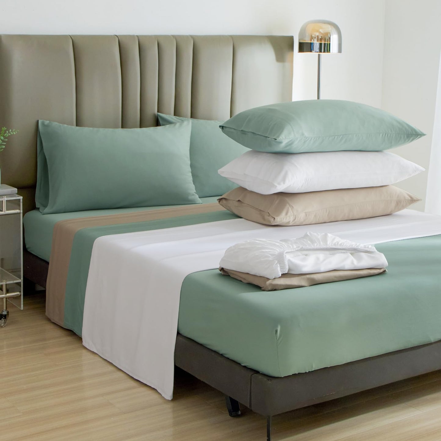 David's Home 6PCS Cooling Sheets Set Queen Size, 100% Rayon Derived from Bamboo, 16" Deep Pocket 2.5cm Wider Elastic, Luxury Silky Breathable for Hot Sleeper,Breathable Smooth Soft, Light Taupe