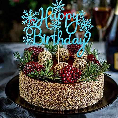 1 PCS Happy Birthday Snowflake Cake Topper Glitter Winter Frozen Snowflake Cake Pick Decoration for Winter Wonderland Baby Shower Kids Birthday Christmas Party Decorations Supplies Blue
