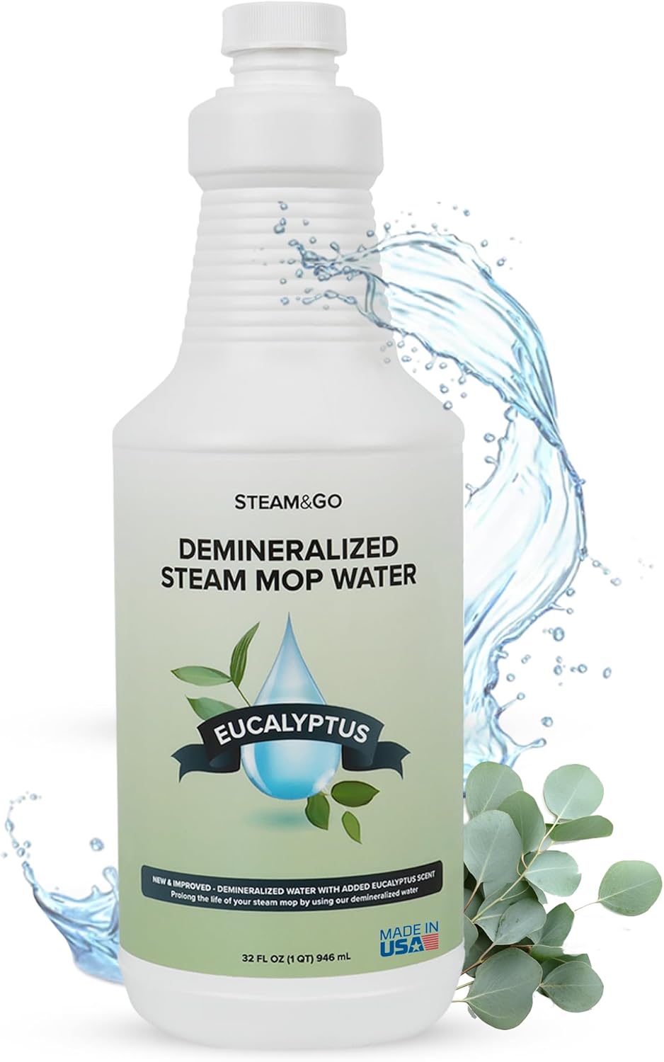 Steam & Go Demineralized Water | Ready-to-Use Eucalyptus Mint Steam Cleaner Solution, 32 oz