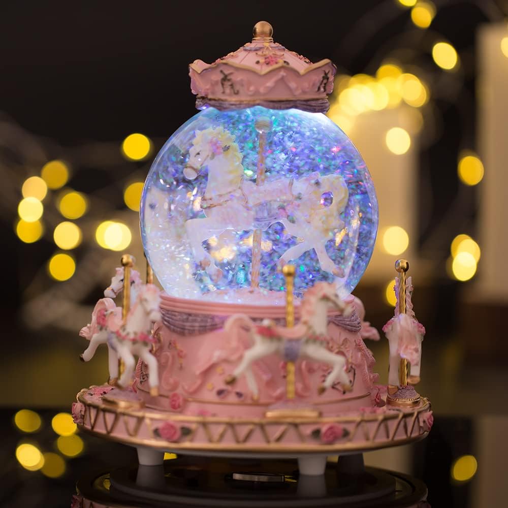 LOVE FOR YOU Musical Snow Globe Carousel | Gift-Wrapped with Ribbon, Colorful Lights & Horses - Perfect for Girls, Women & Kids