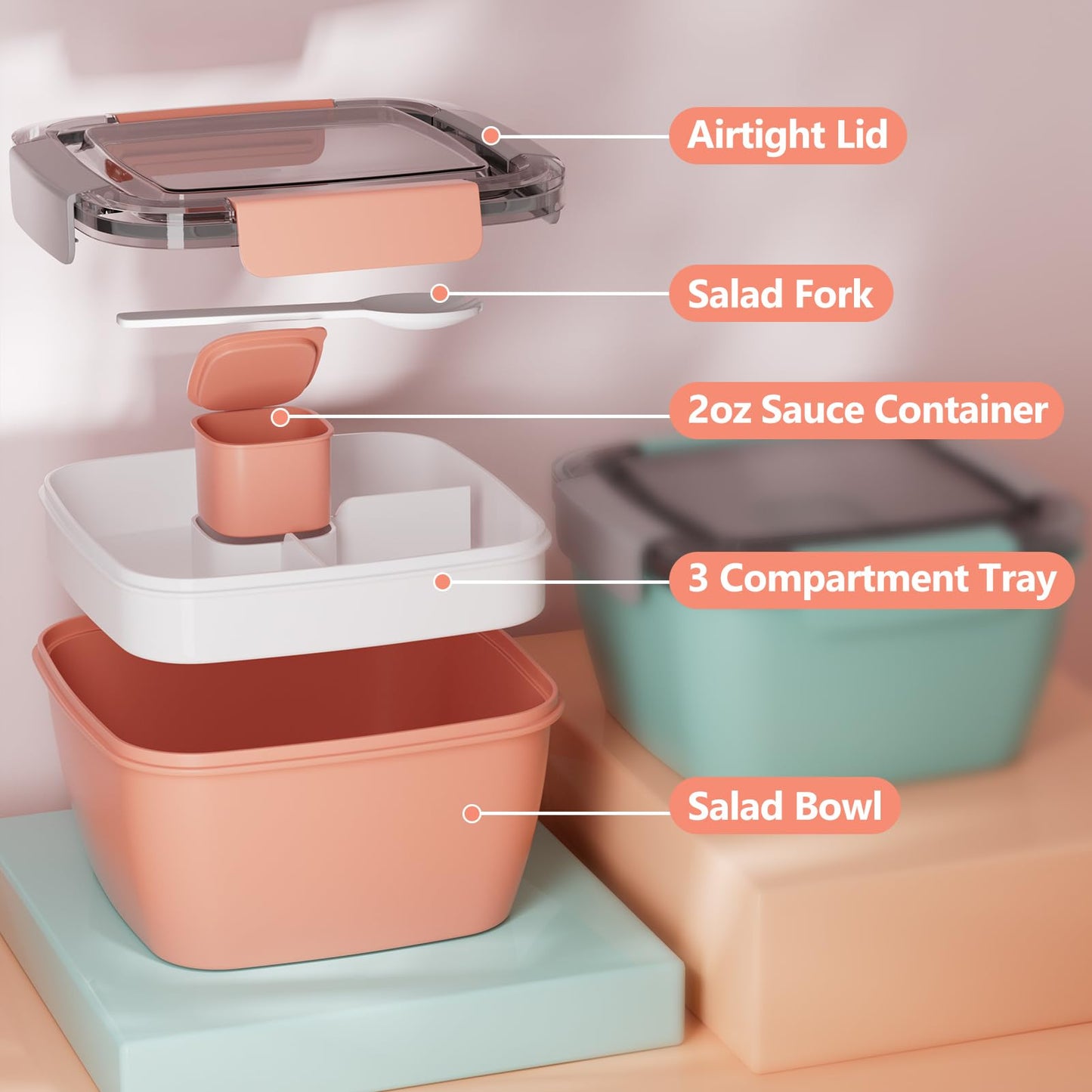 Cherrysea Salad Lunch Container, 68oz Salad Bowls with 4 Compartments Tray,Leak Proof Lunch Box with Fork for Men,Women BPA-Free Snack Container with Sauce Container for Dressings-Pink