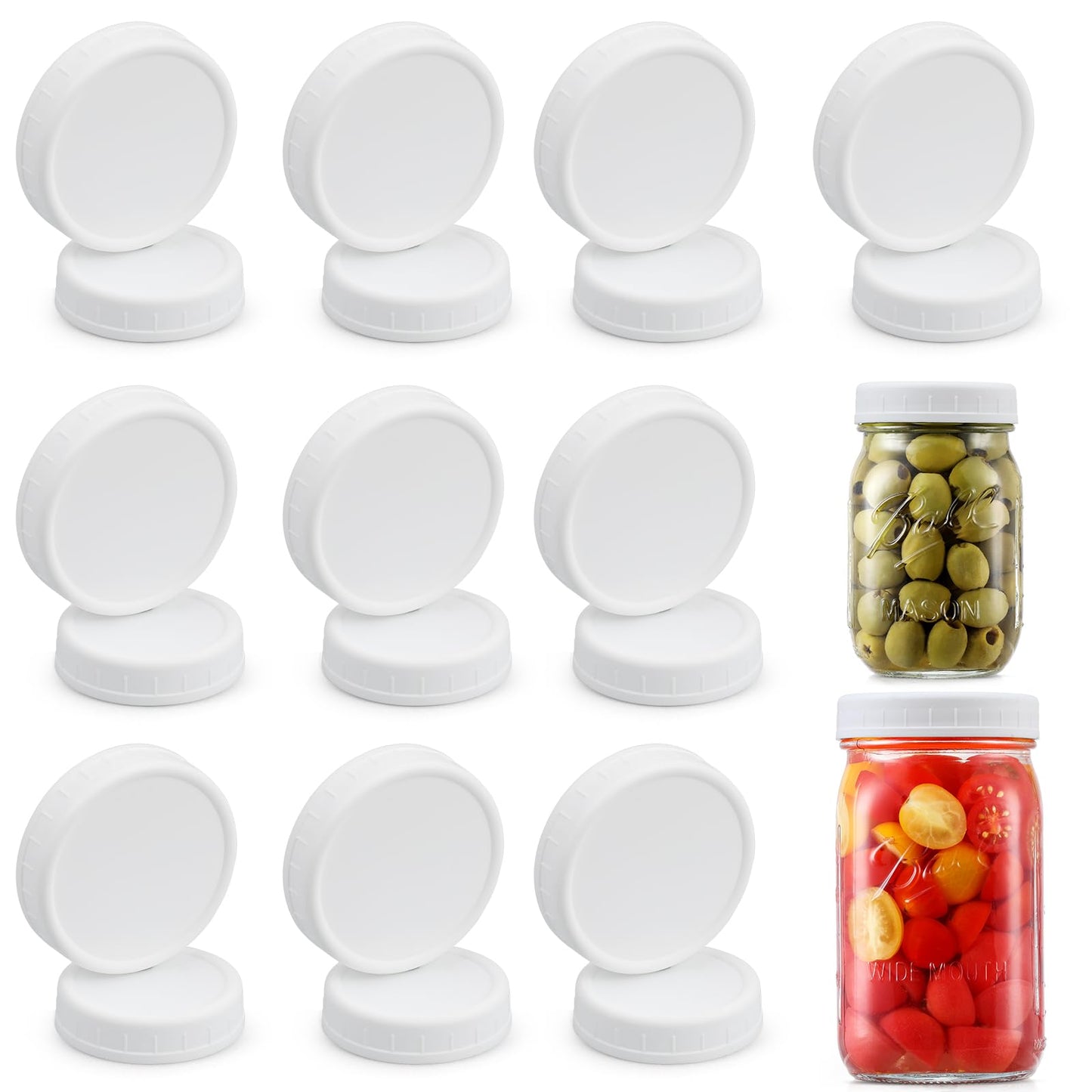 AOZITA 10 WIDE Mouth & 10 REGULAR Mouth Mason Jar Lids - 20 Pack Food Grade Plastic Mason Jar Caps for Ball, Kerr and More Canning Jars - Leakproof & Dishwasher Safe - White