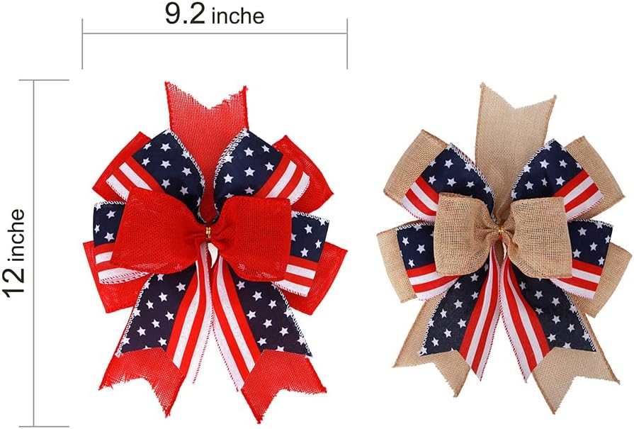 Meseey Patriotic Bows for Wreaths - Large Burlap Red, White & Blue Stripe Stars Bow | 12” x 9.4” for 4th of July Decor