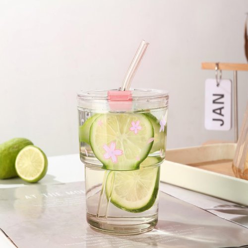 Colnic Iced Coffee Cup, 15Oz/450ml Glass Cups With Lids And Straws, Iced Coffee Glasses Tumbler, Thick Wall Mug For Tea Water With Glass Straw, Coffee Cute Tumbler Gifts (Pink)