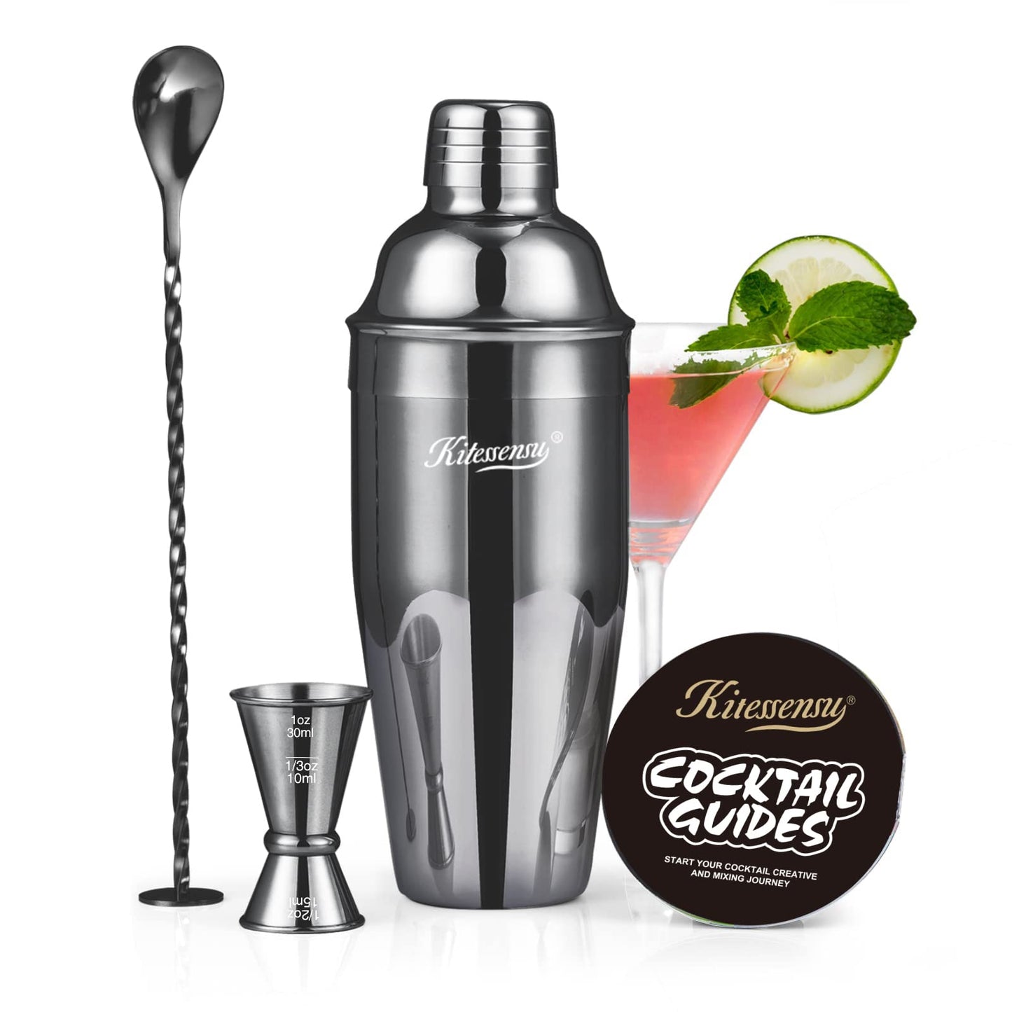 KITESSENSU Cocktail Shaker Set, Stainless Steel Martini Shaker with Bartender Strainer, Measuring Jigger, Bar Mixing Spoon, Cocktail Recipe Included, Pink