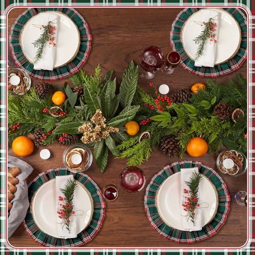 HunnmingRe 6-Pack Round Christmas Plaid Placemats – Red & Green, 15.75in