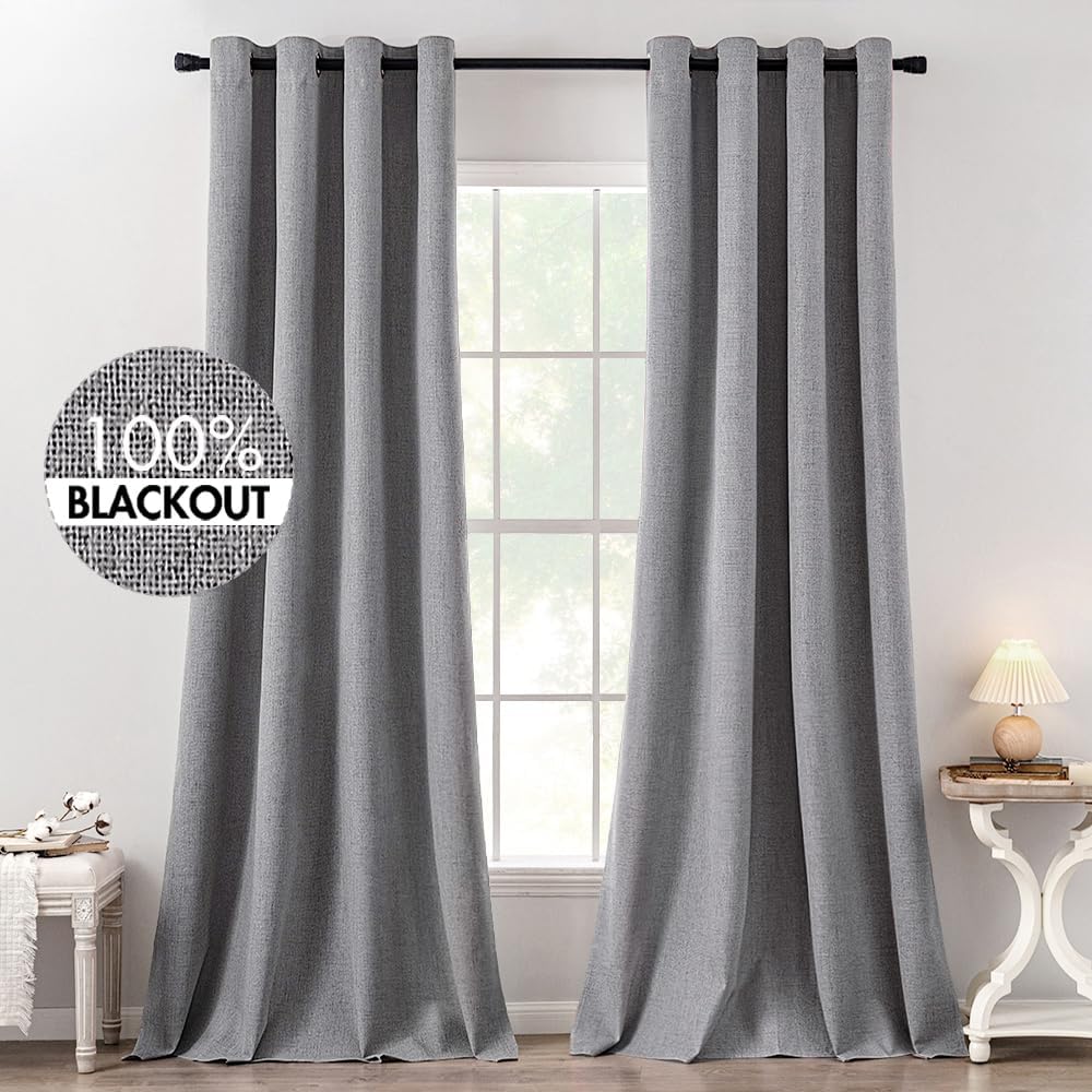 MIULEE Blackout Curtains - 100% Thermal Insulated Grey Linen Texture | Room Darkening Drapes 52x120 Inch (2 Panels)