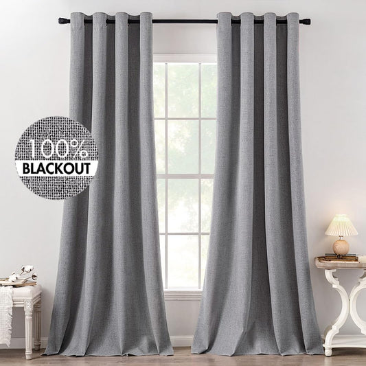 MIULEE Blackout Curtains - 100% Thermal Insulated Grey Linen Texture | Room Darkening Drapes 52x120 Inch (2 Panels)