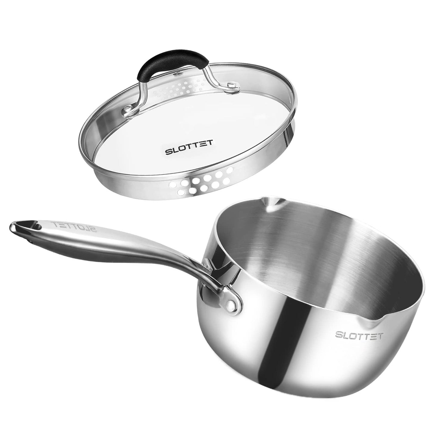 SLOTTET Tri-Ply Full Body Stainless Steel Sauce Pan with Steamer,1.5 Quart Small Multipurpose Pasta Pot with Strainer Glass Lid, Saucepan with Pour Spout for Cooking Stay-cool Handle.